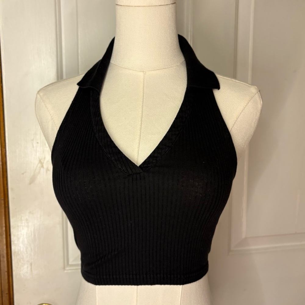 H&M Black Ribbed Halter Top with Collar
